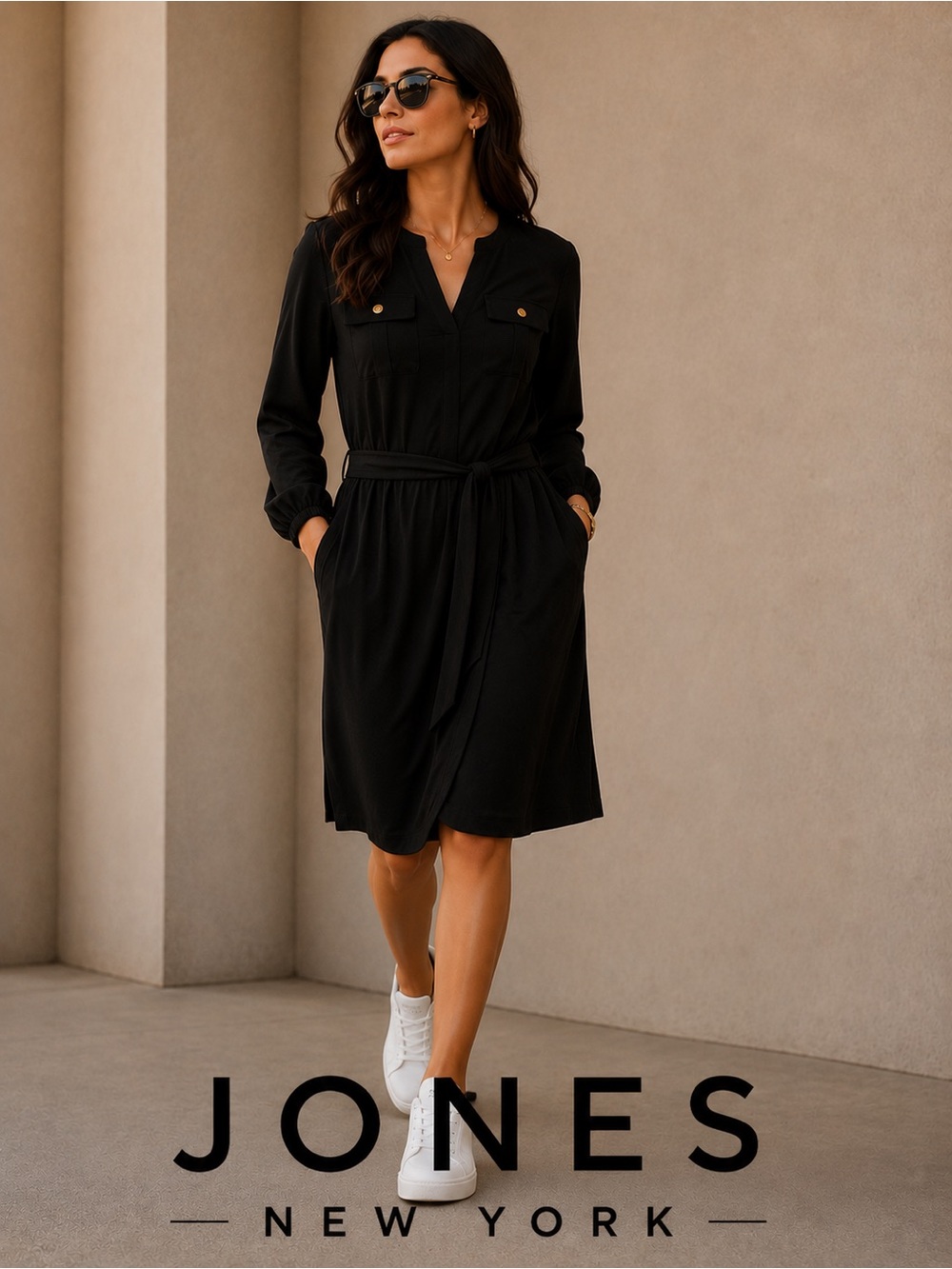 Jones New York Black Shirt Midi Dress with Tie Waist